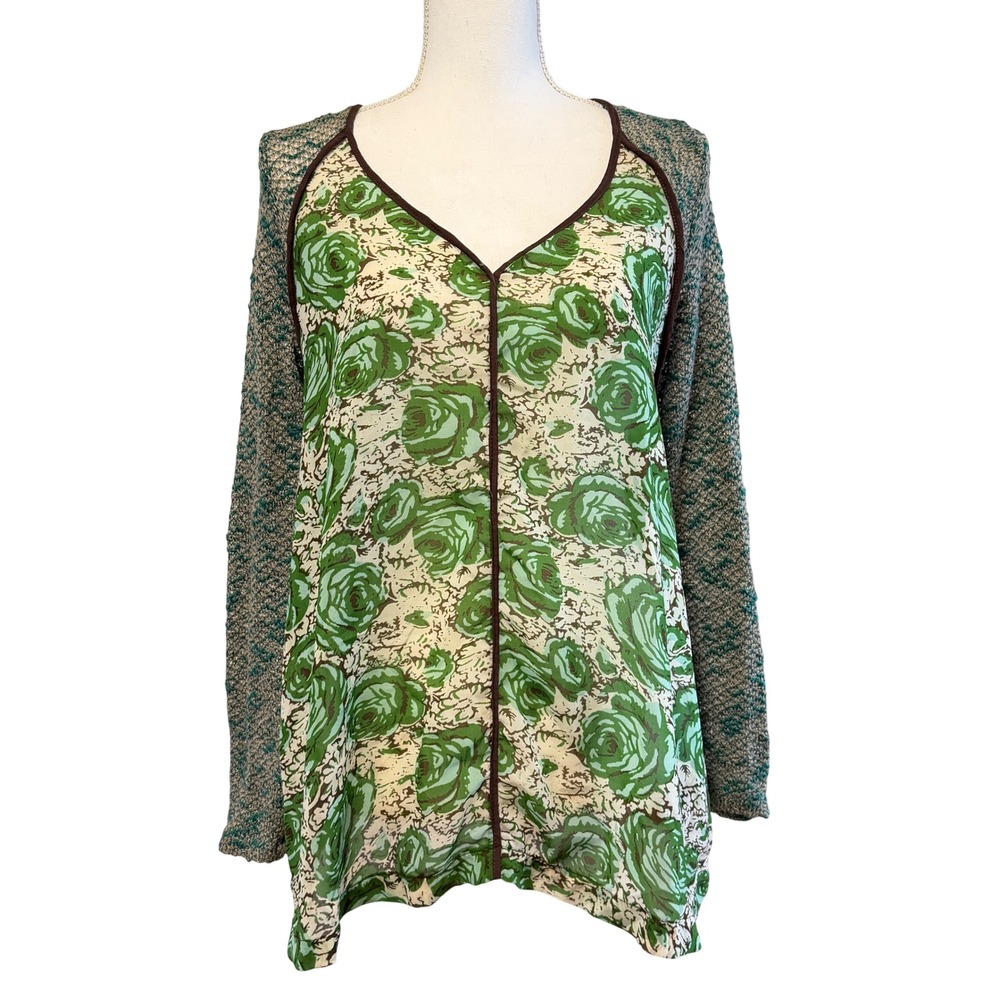 Poeme by Citron Green Rose Print Knit‎ Tunic Top Women's L Made in USA